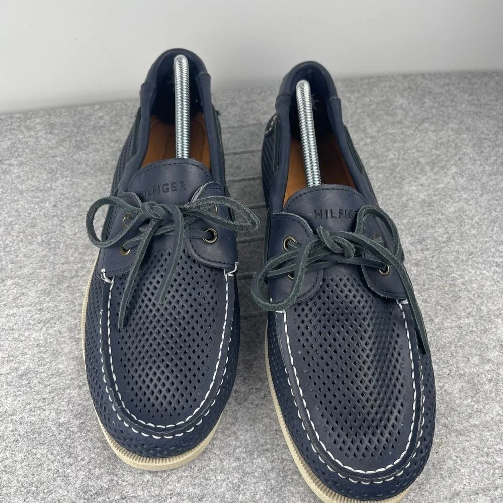 Tommy Hilfiger men's 10.5 navy blue and white boat shoes, deck loafers, leather